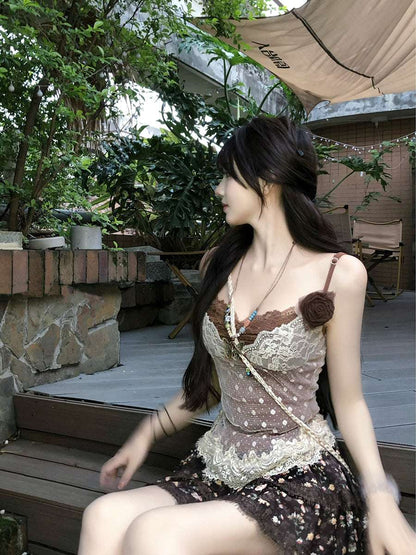 Creamy Cute Summer Gardenia Brown Cami Top & Skirt Two Piece Set