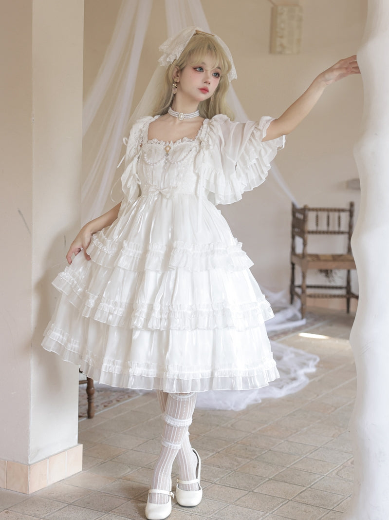 Love Song of the Star Lace Bow Ribbon Ruffled Layered Princess Dress Strap Dress / White / XL Love Song of the Star Lace Bow Ribbon Ruffled Layered Princess Dress Strap Dress / White / XL
