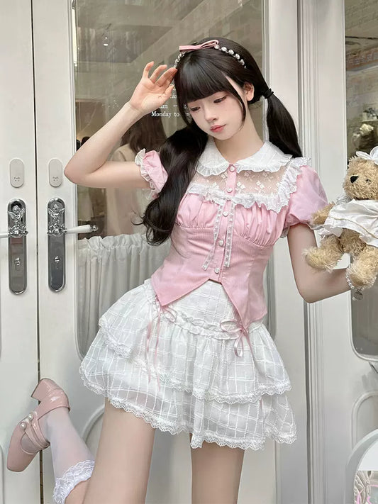 Blossom Snow Pink Blouse Top & White Skirt Two Piece Set - Sugarplum Store