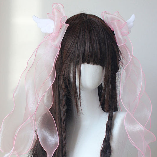 Idol Angel Wings Black White Pink Blue Lolita Ribbon Hair Clips Hair Accessories - Sugarplum Store
