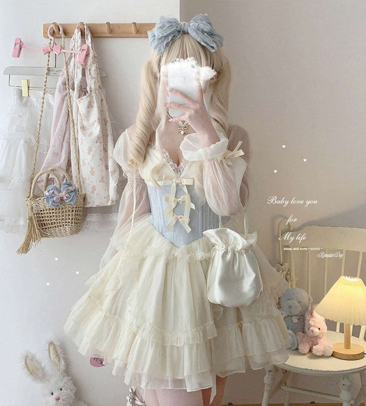 Dormir Doll Princess of Clouds and Mists Lace Bow Strap Dress & Cardigan Two Piece Set