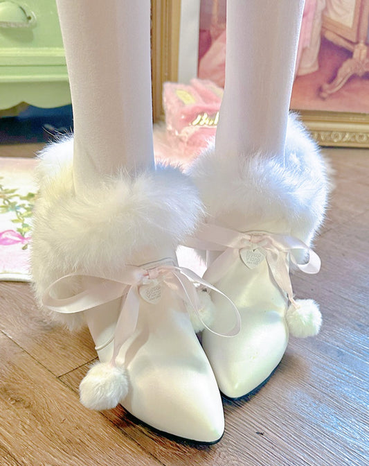 Sweet Princess Fur Plush Pompom Balls White Short Pointed Toe Boots