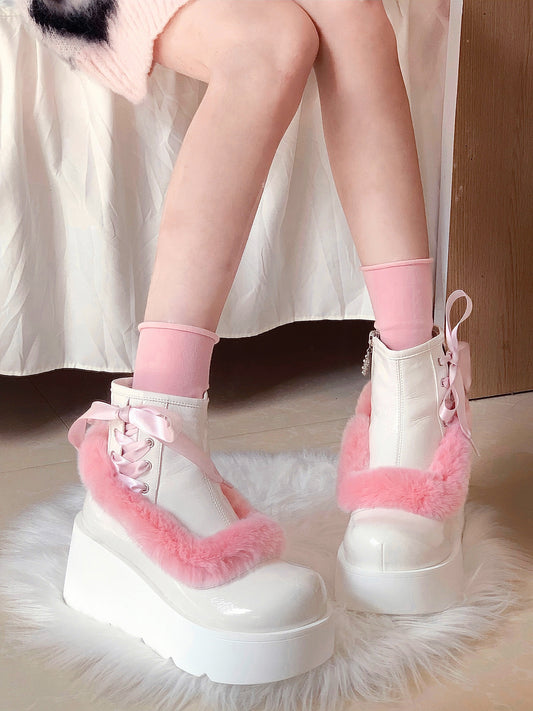 Stars Crown Lolita Winter Fur Pink White Black Platform Boots - Sugarplum Store