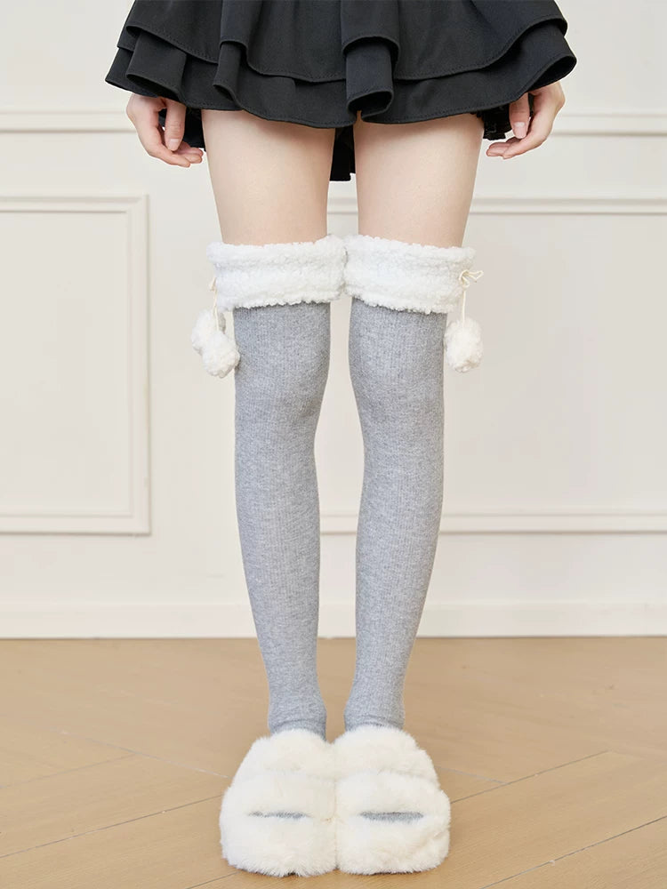 Winter Floor Lolita Pompom Balls Plush Over the Knee Mid Calf Socks