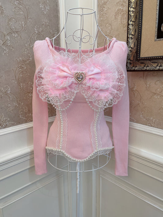 Sweetheart Princess Girly Pink Lace Bow Pearl Knit Sweater - Sugarplum Store