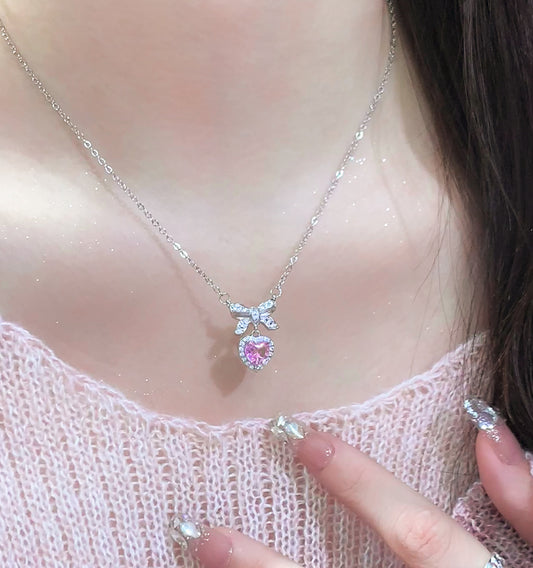 Luxury Pink & Silver Heart Diamond Frame Bow Pendant Necklace - Sugarplum Store
