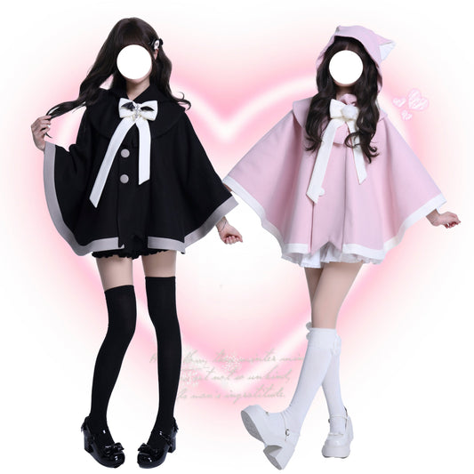 Platycodon Cat Ears Cake Pink Black Wool Cape Coat - Sugarplum Store