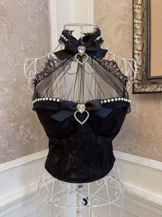 Sweetheart Princess Lace Girly Black White Halter Neck Bandeau Top - Sugarplum Store