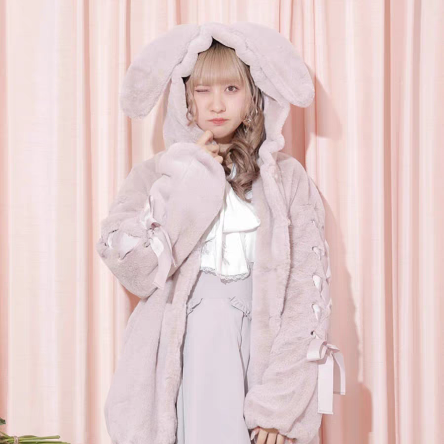 Jirai Kei Pink White Black Rabbit Ears Thick Winter Hoodie Jacket Jirai Kei Pink White Black Rabbit Ears Thick Winter Hoodie Jacket