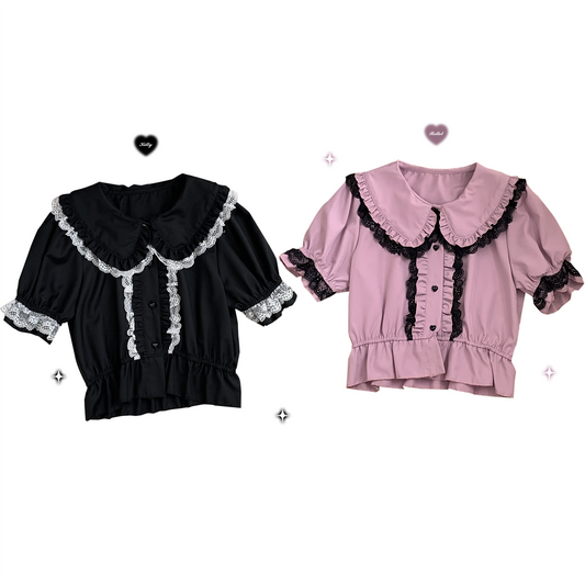 Kitten Bullet Jirai Kei Love Craft Lace Doll Collar Pink Black White Short Sleeve Shirt Blouse