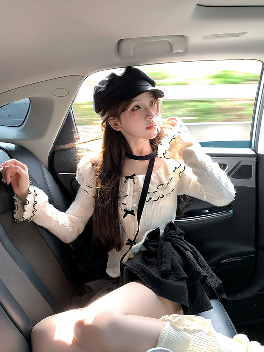 Creamy Cute Moonlight Guardian White Knit Top & Black Skirt Two Piece Set - Sugarplum Store