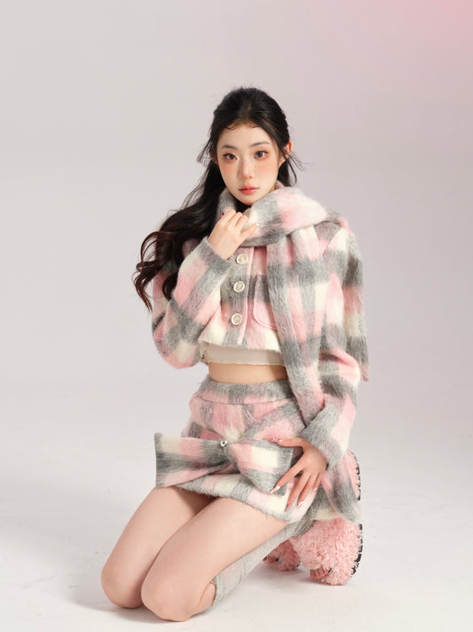 Lucia Winter Gray Pink Plaid Woolen Jacket Top & Scarf & Mini Skirt Three Piece Set - Sugarplum Store