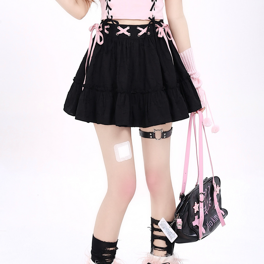 Crazy Girl Balletcore Bow Pink Black Cake Short Skirt