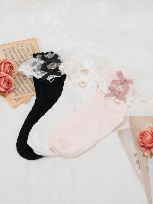 Elegant Princess EGL Black White Pink Lace Love Twin Bow Socks