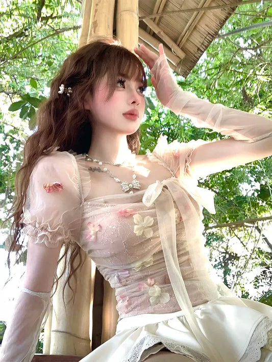 Lazy Girl Spring Mist Mesh Floral Pink Puff Sleeve Shirt Top & White Skirt Two Piece Set - Sugarplum Store