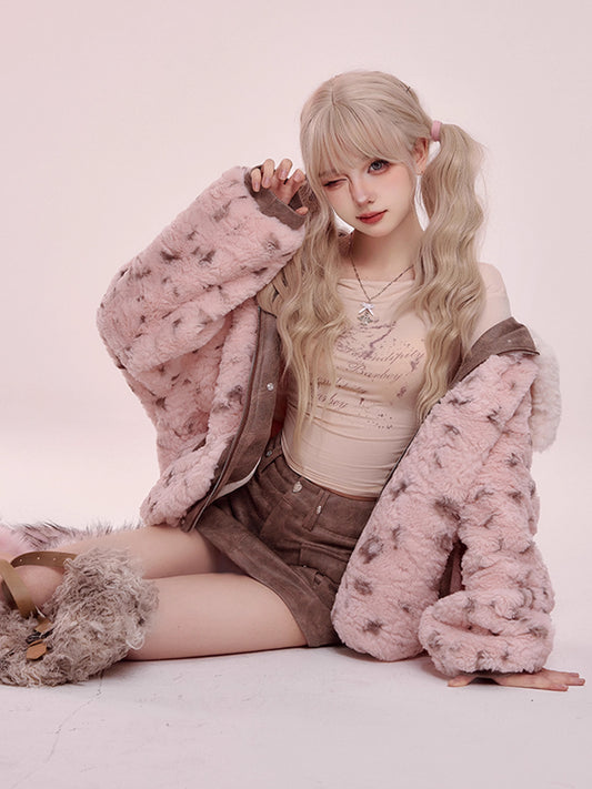 Serendipity Winter Pink Leopard Plush Jacket & Butterfly Off Shoulder Shirt & Mini Skirt Three Piece Set - Sugarplum Store