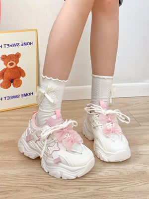 Pink Kitty Organza Bow White Sneakers - Sugarplum Store