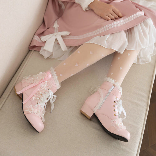 Princess Ribbon Lace Pink Black White Winter Zip Up Little High Heels Boots