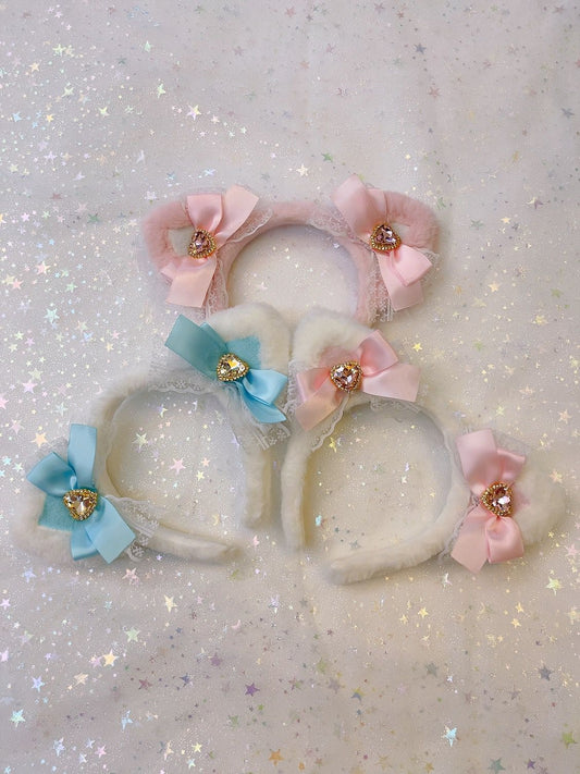 Sweetheart Princess Plush Cat Ears Diamond Heart Winter Hairband Headband