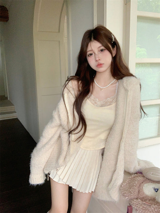 Lazy Girl Milky White Winter Camisole & Pleated Skirt & Zip Up Hooded Sweater Jacket Three Piece Set