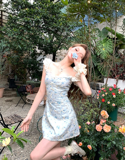 Monet Love Summer Traces Floral Blue White Dress