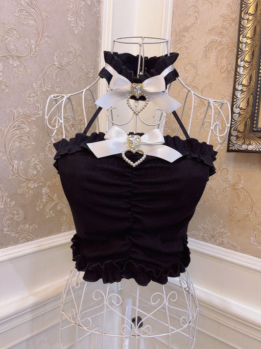 Sweetheart Princess Black & White Brooch Bow Bandeau Top - Sugarplum Store
