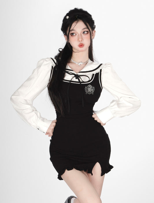 Young Eyes First Love Diary White Sailor Collar Shirt & Black Suspender Dress Two Piece Set - Sugarplum Store