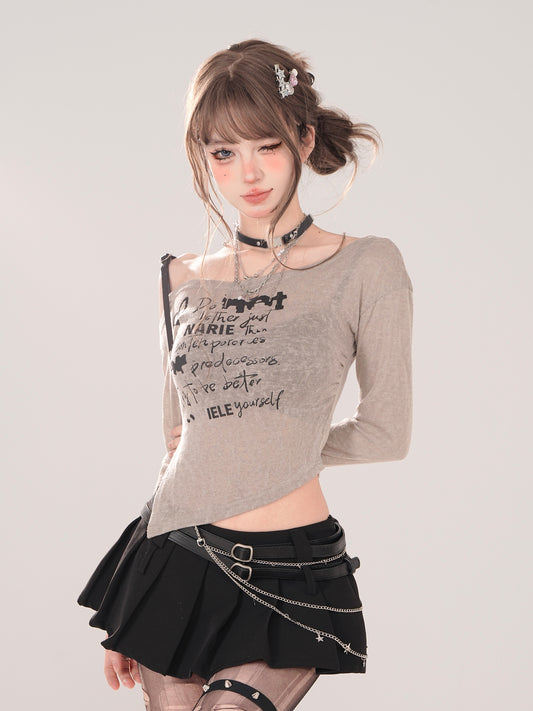 Young Eyes Grunge Typography Black & Gray Slim Fit Off Shoulder Shirt Top