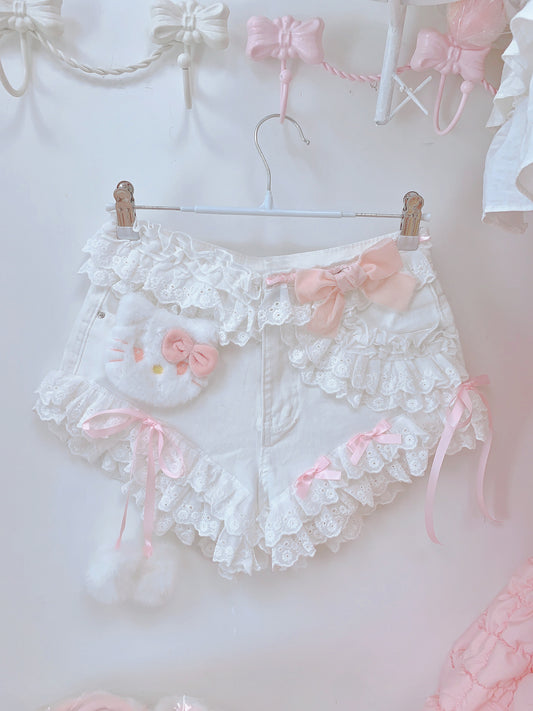 Candy Fairy Coquette Kitty Cat White Denim Lace Shorts