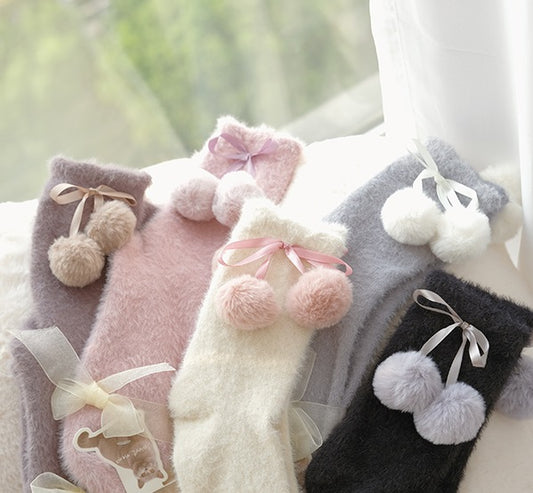 Sweet Cute Coquette Pompom Balls Fuzzy Socks
