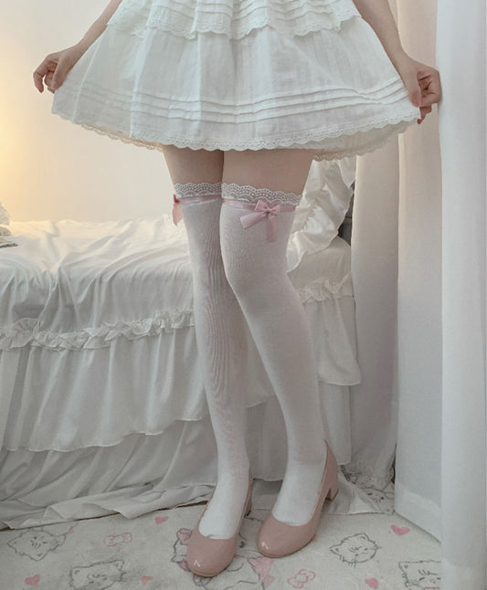 Lolita Sweet Girl Coquette Lace Pastel Pink Bow White Socks