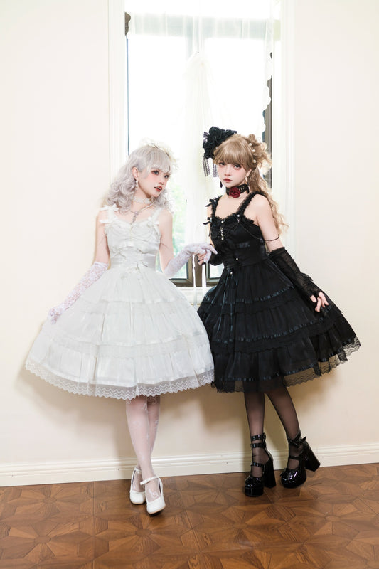 Twins Black & White Gothic Lolita Elegant Strap Dress