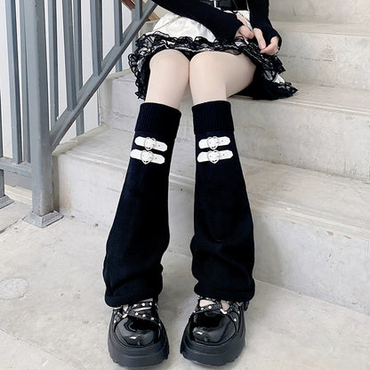 Heart Leather Buckle Knit Pink Black White Leg Warmers - Sugarplum Store