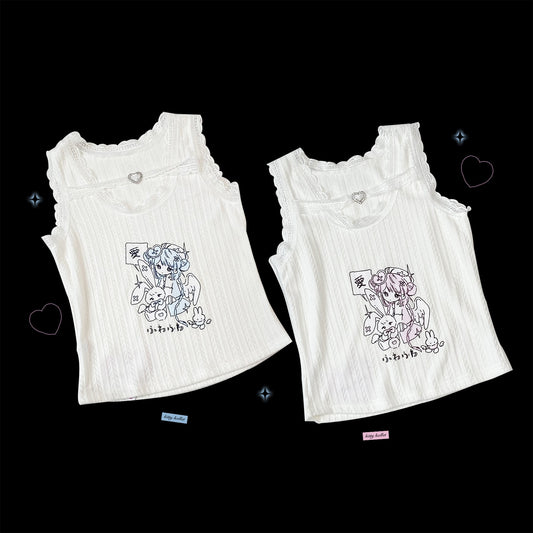 Kitten Bullet Doll Hospital Building White Pink Blue Camisole Top