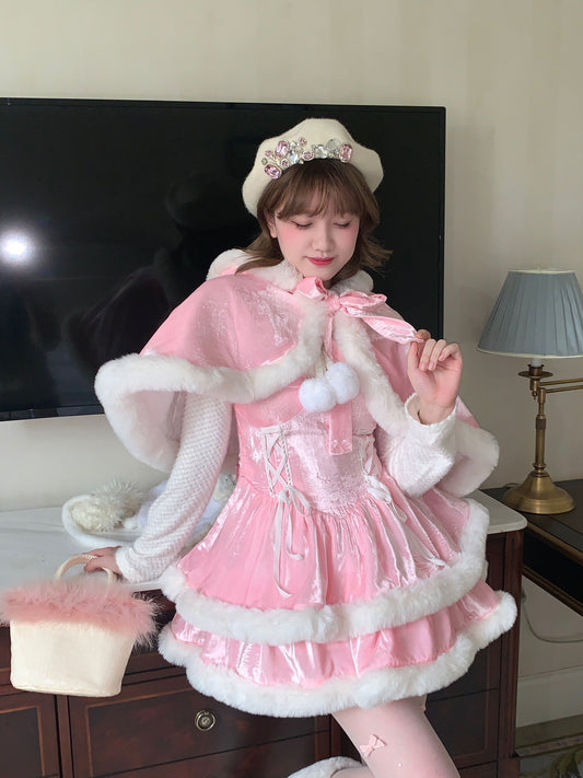 Picnic Girl Winter Christmas Holiday Sweet Lolita Pink Plush Ruffled Strap Dress & Cape Two Piece Set