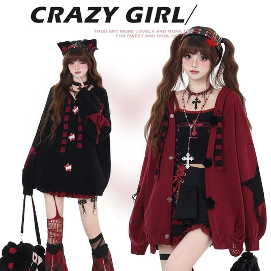 Crazy Girl Yabi Star Red Black Rabbit Ears Jacket Hoodie - Sugarplum Store