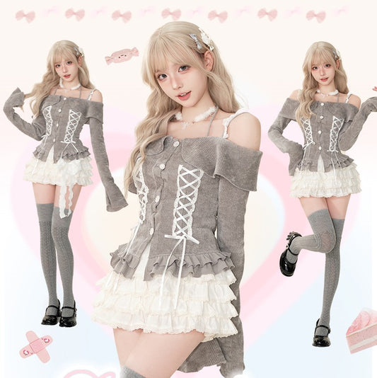 Serendipity Bell Sleeve Gray Bow Lace Halter Neck Sweater Top