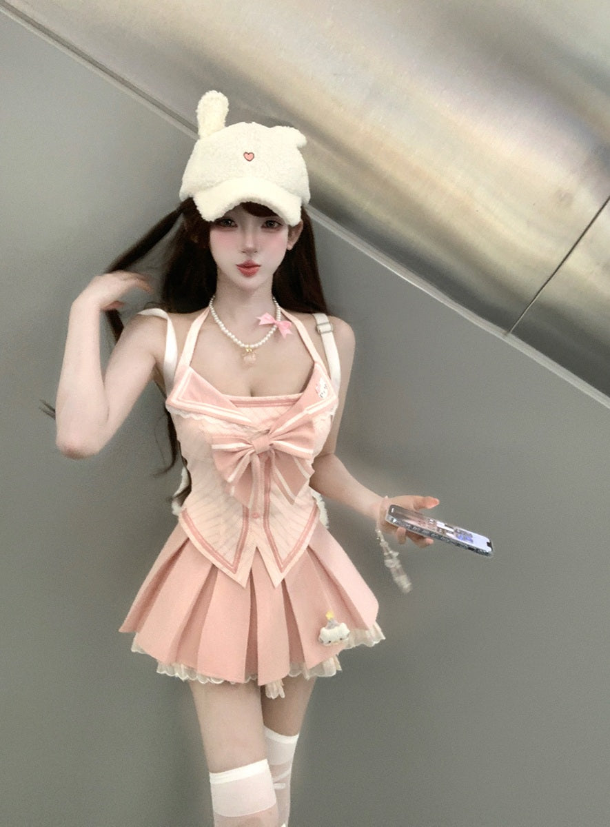 Creamy Cute Kitty School Days Pink Sailor Top & Skirt Two Piece Set - Sugarplum Store