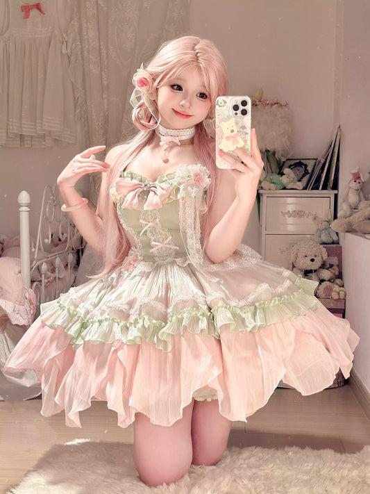 Platycodon Girls Summer Dance Party Pink Green Lolita Dress - Sugarplum Store