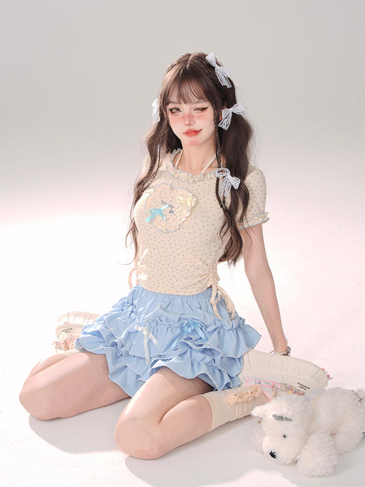 Young Eyes Cheese Candy Polka Dot Cream Shirt Top & Blue Skirt Two Piece Set - Sugarplum Store