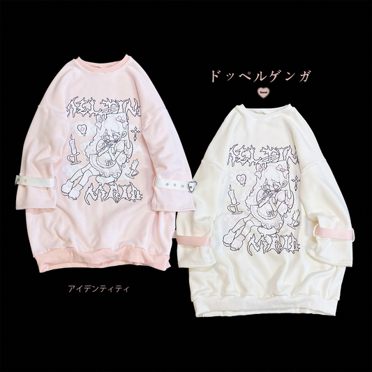 Kitten Bullet Melting Girl White Pink Leather Strap Sweater Sweatshirt - Sugarplum Store