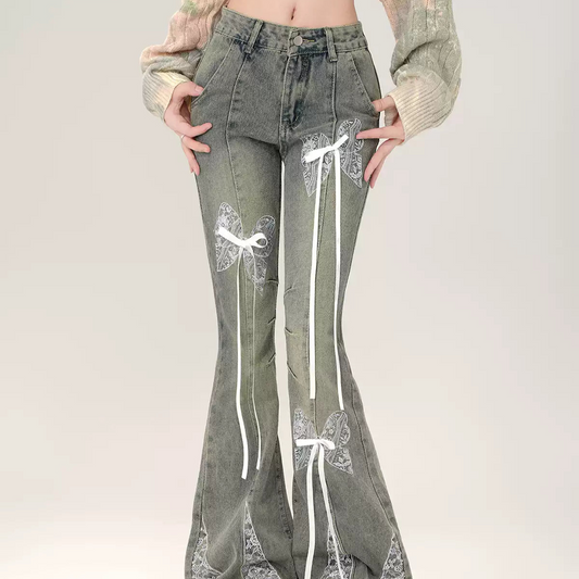 Young Eyes West Bow Black Blue Denim Flared Jeans Pants - Sugarplum Store