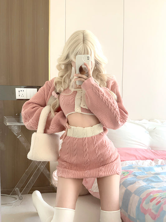 Serendipity Autumn Peach Pink Knit Camisole & Cardigan & Skirt Three Piece Set - Sugarplum Store