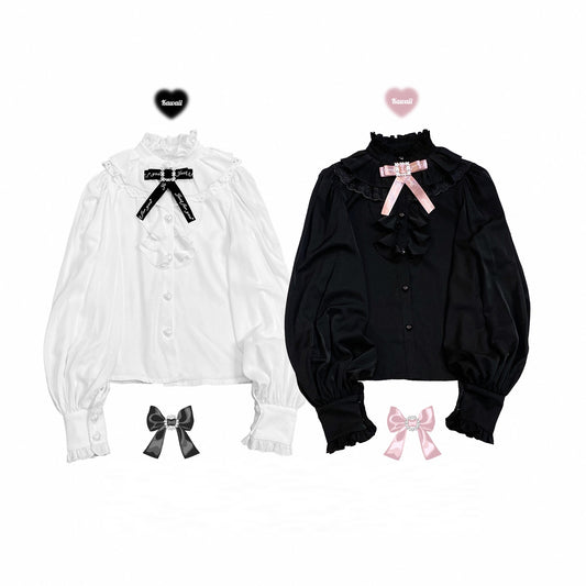 Kitten Bullet Jirai Kei Love Contract Lace Doll Collar White & Black Shirt Blouse - Sugarplum Store