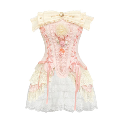 Creamy Sweet Coquette Sweet Pink Corset Balletcore Strapless Top & White Shorts Two Piece Set