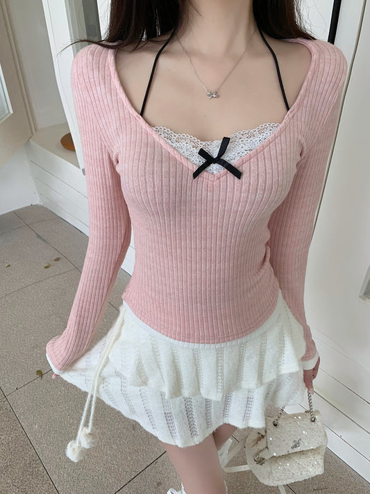 Coquette Pink Knit Long Sleeve Slim Fit Shirt Top