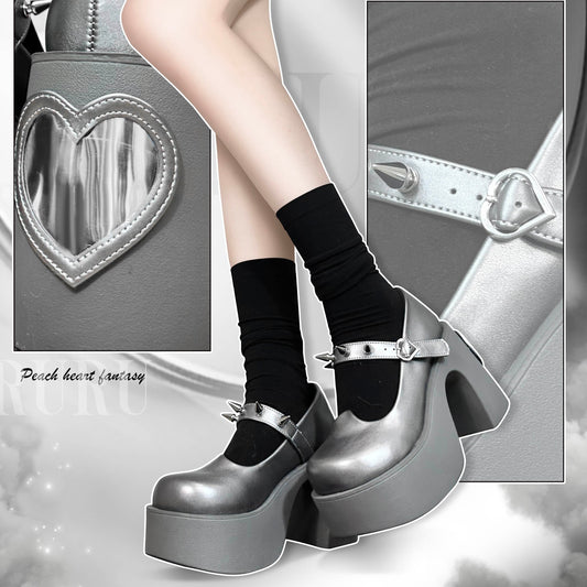 Gururu Heart Fantasy Punk Goth Y2K Mary Jane Platform High Heels Shoes