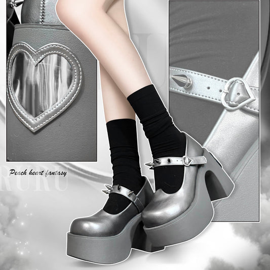 Gururu Heart Fantasy Punk Goth Y2K Mary Jane Platform High Heels Shoes - Sugarplum Store