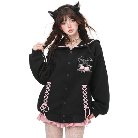 Young Eyes Heart Signal Sailor Collar Black Jacket Sweater - Sugarplum Store