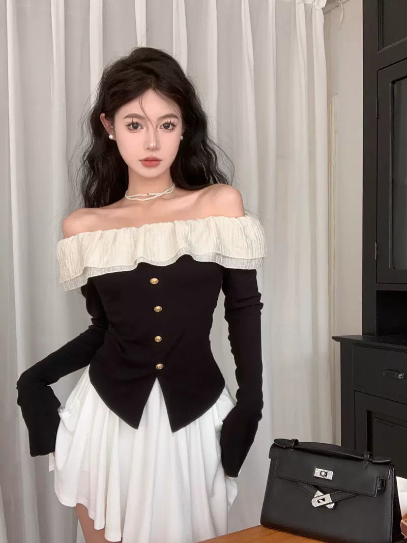 Frill Ruffled Coquette Fit Long Sleeve Cream White Black Top – Sugarplum Store